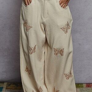 277 - POL Double Gauze Butterflies’ Embroidery Woven Wide-Leg Pants